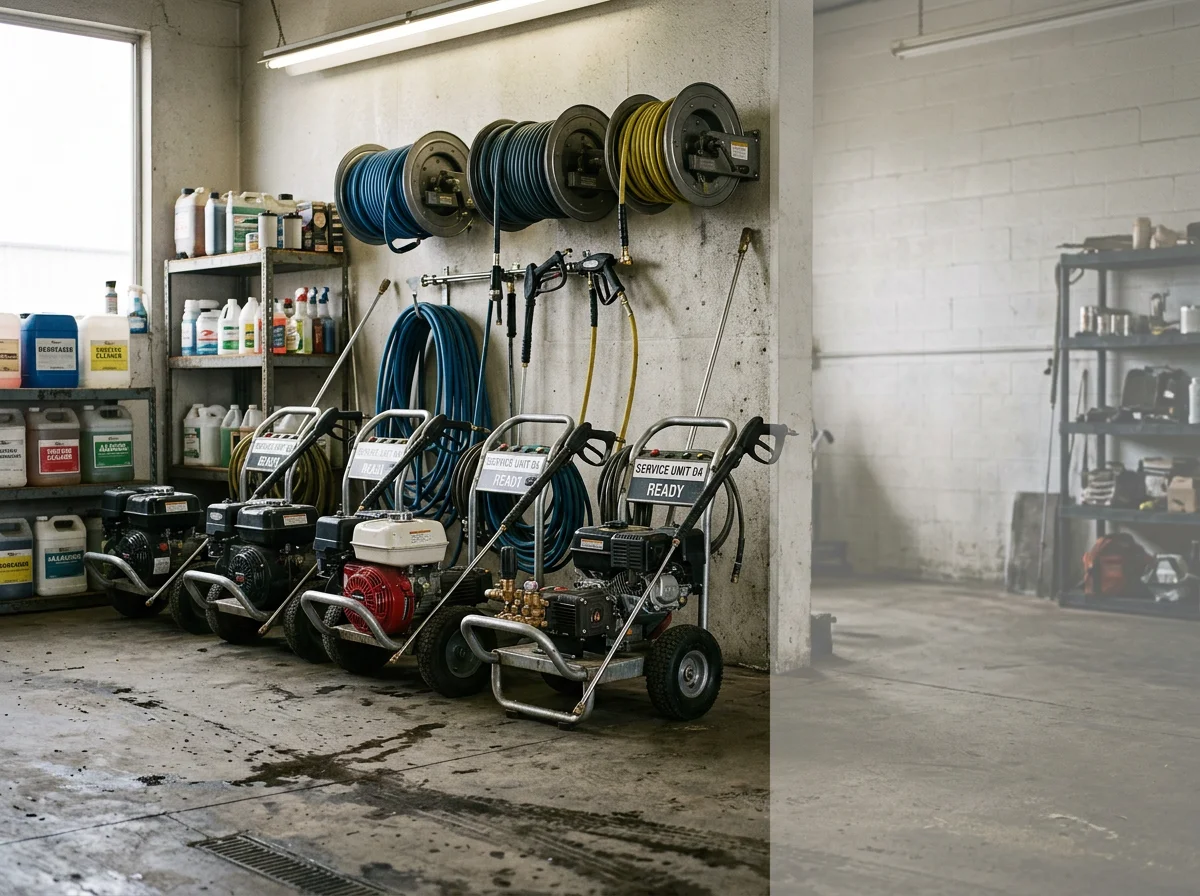 Professional pressure washing equipment and tools ready for service, representing the trade and operational readiness of the business.