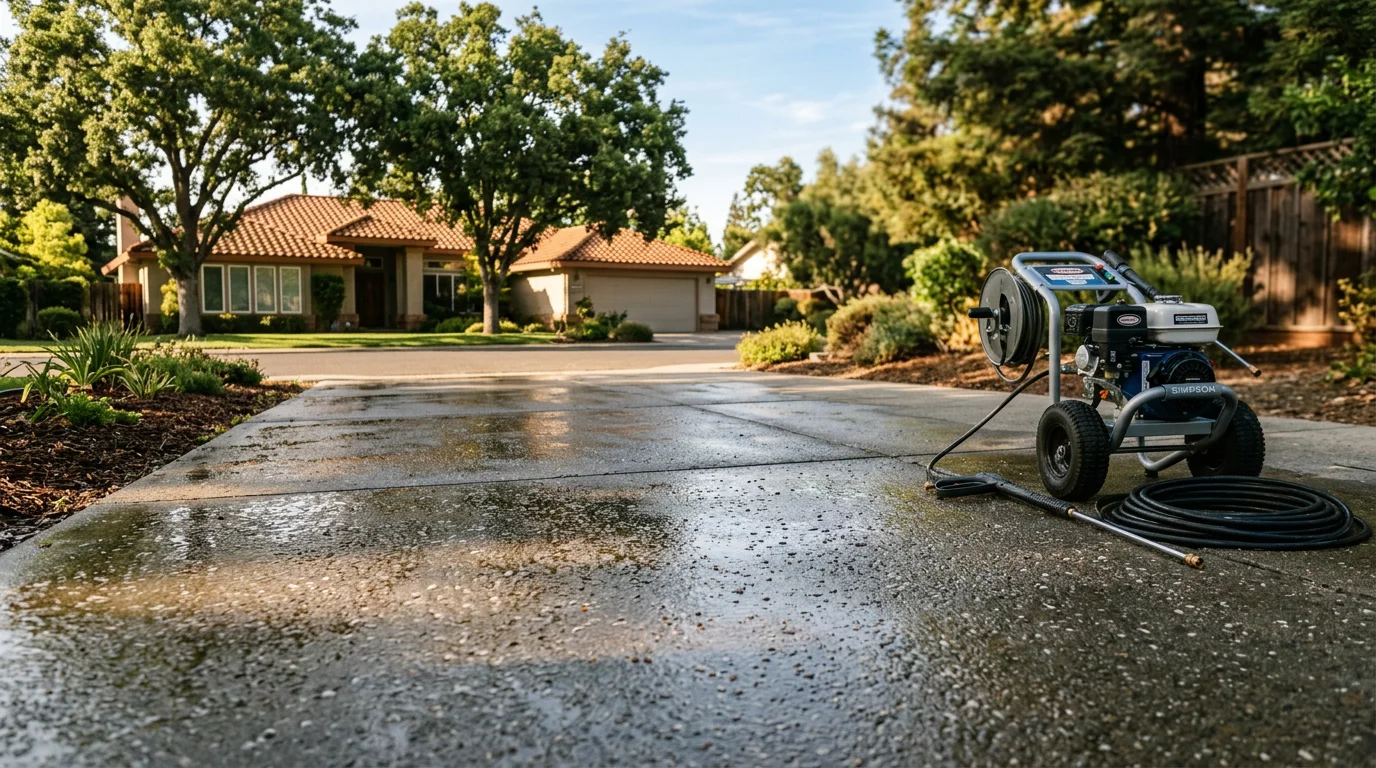 Professional pressure washing equipment cleaning a residential driveway