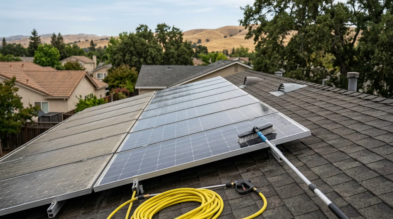 Solar panel cleaning service using soft washing on residential rooftop panels