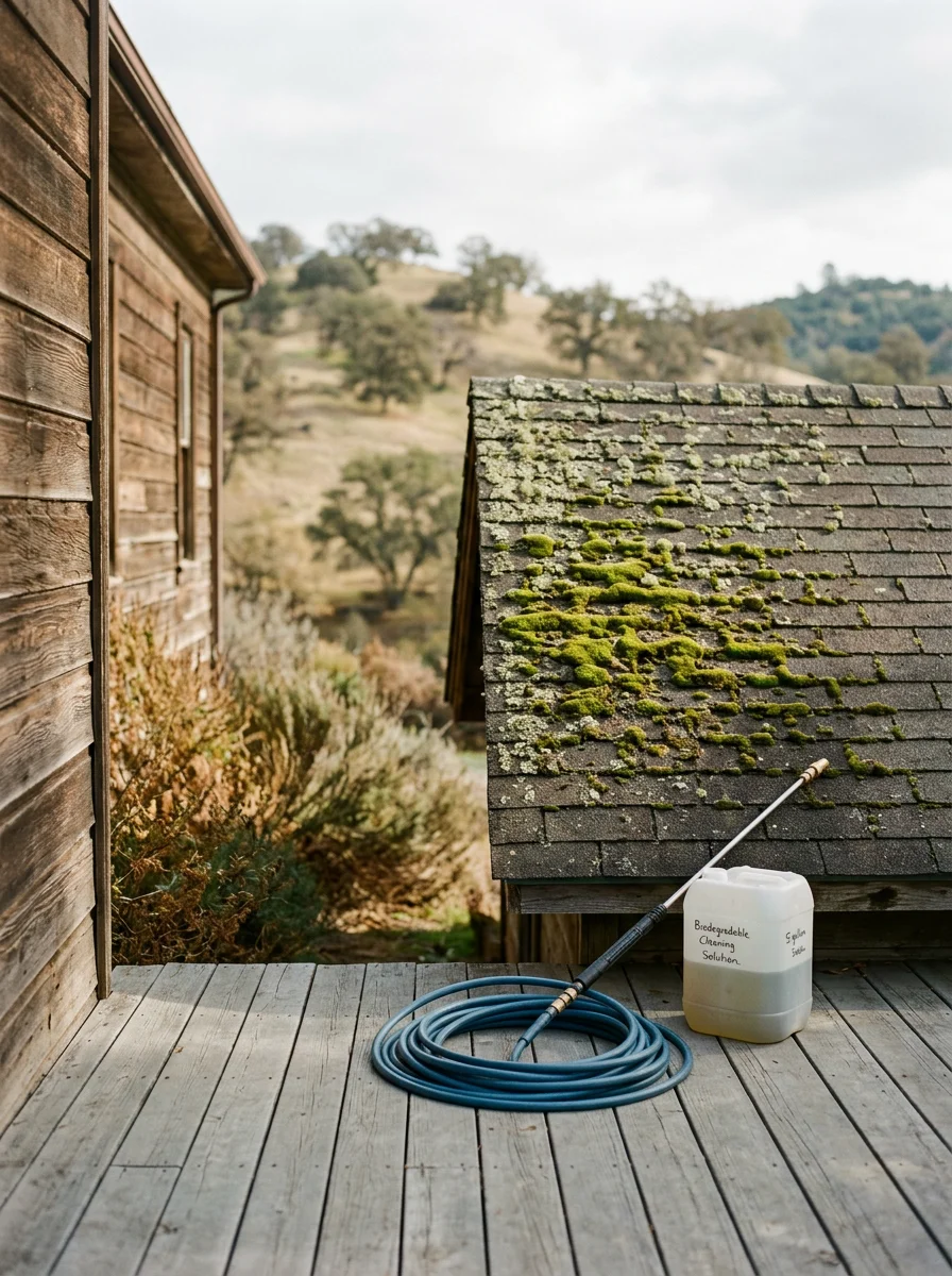 Soft washing technician treating moss on a shaded roof section of an older home in Jackson, California, with Gold Country foothill terrain visible in the background.