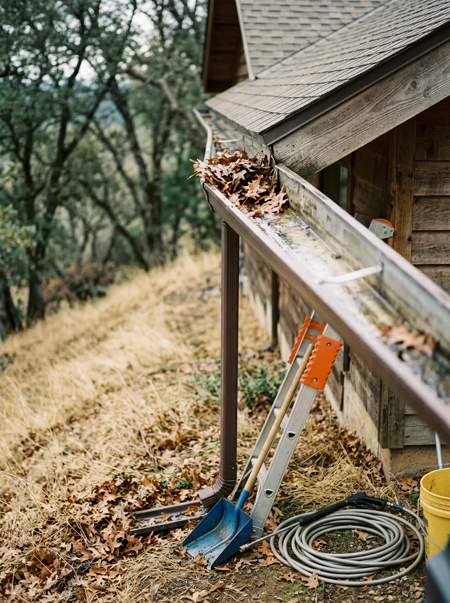 Gutter cleaning in progress on a hillside home in Cameron Park, with a technician removing oak leaf debris from a clogged downspout.