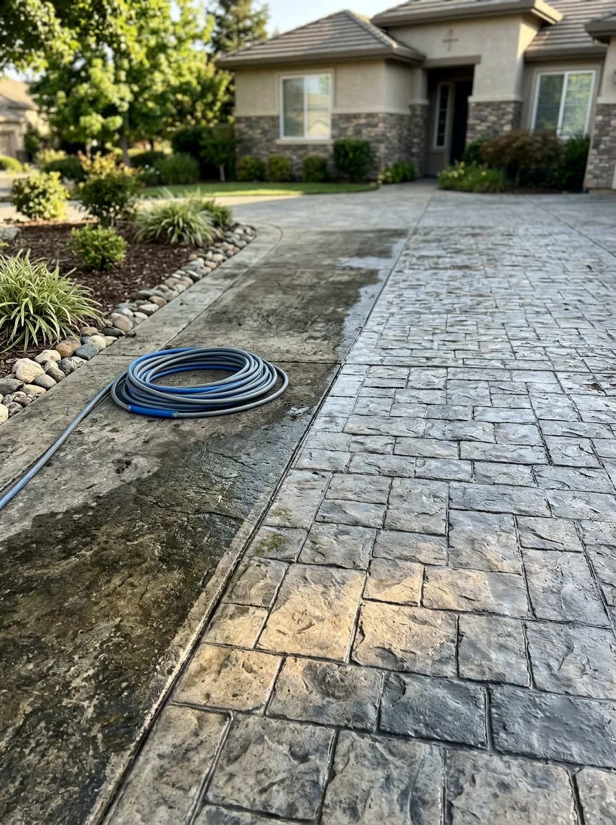Pressure washing a stamped concrete driveway in a Rocklin HOA community, showing the clean line between the washed and unwashed sections of the surface.