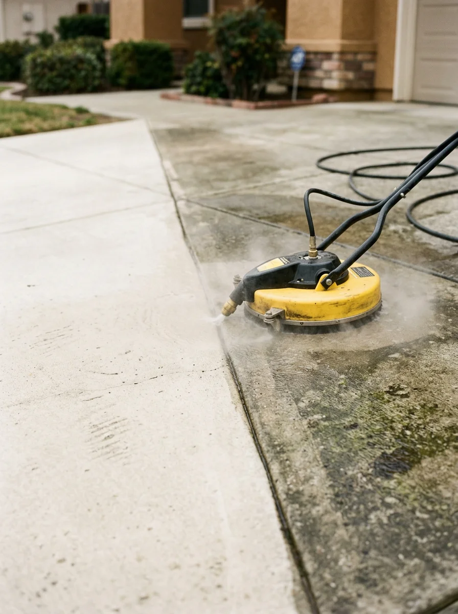 Close-up of a concrete driveway in Elk Grove being cleaned with a commercial surface cleaner, showing the contrast between the cleaned and uncleaned sections.