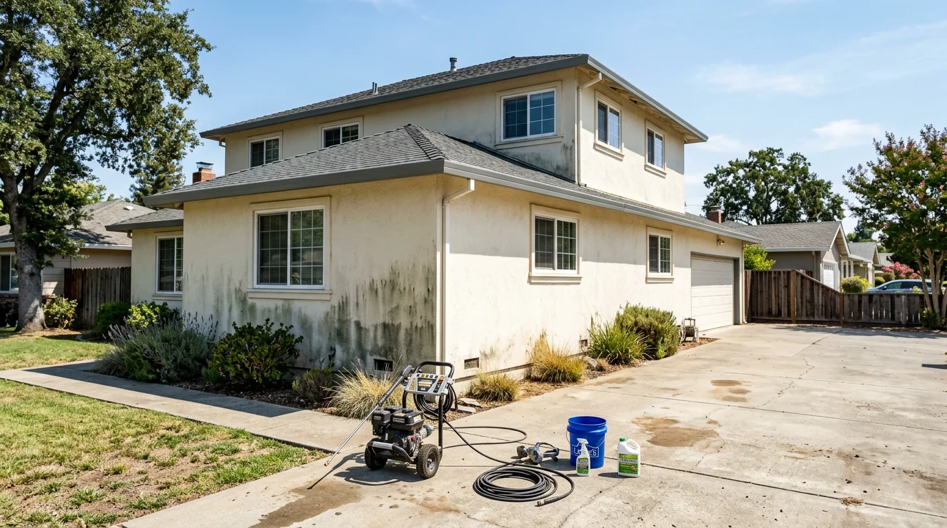 Pressure washing technician cleaning a stucco home exterior in a Sacramento County neighborhood, removing algae streaks from the siding on a sunny day.