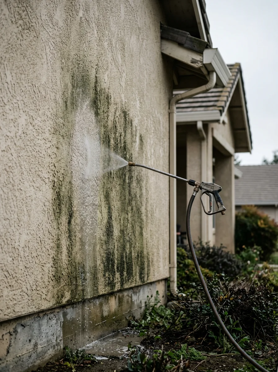 Soft washing in progress on a residential home in Lodi, with the technician applying cleaning solution to algae-covered siding on a north-facing wall.