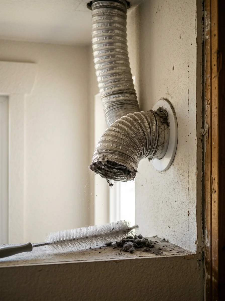Dryer vent cleaning in progress on a two-story home in Vacaville, with the technician clearing lint buildup from a long interior vent run before it exits the building.