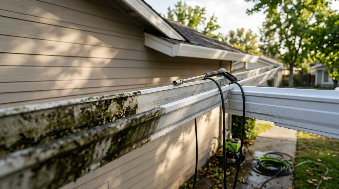 Exterior concrete walkway on a Sacramento County residential property showing before-and-after algae removal, with green and black staining cleared from the shaded north-facing surface. Field Day Pressure Washing LLC technician working on algae-covered siding near a tree line in Northern California.