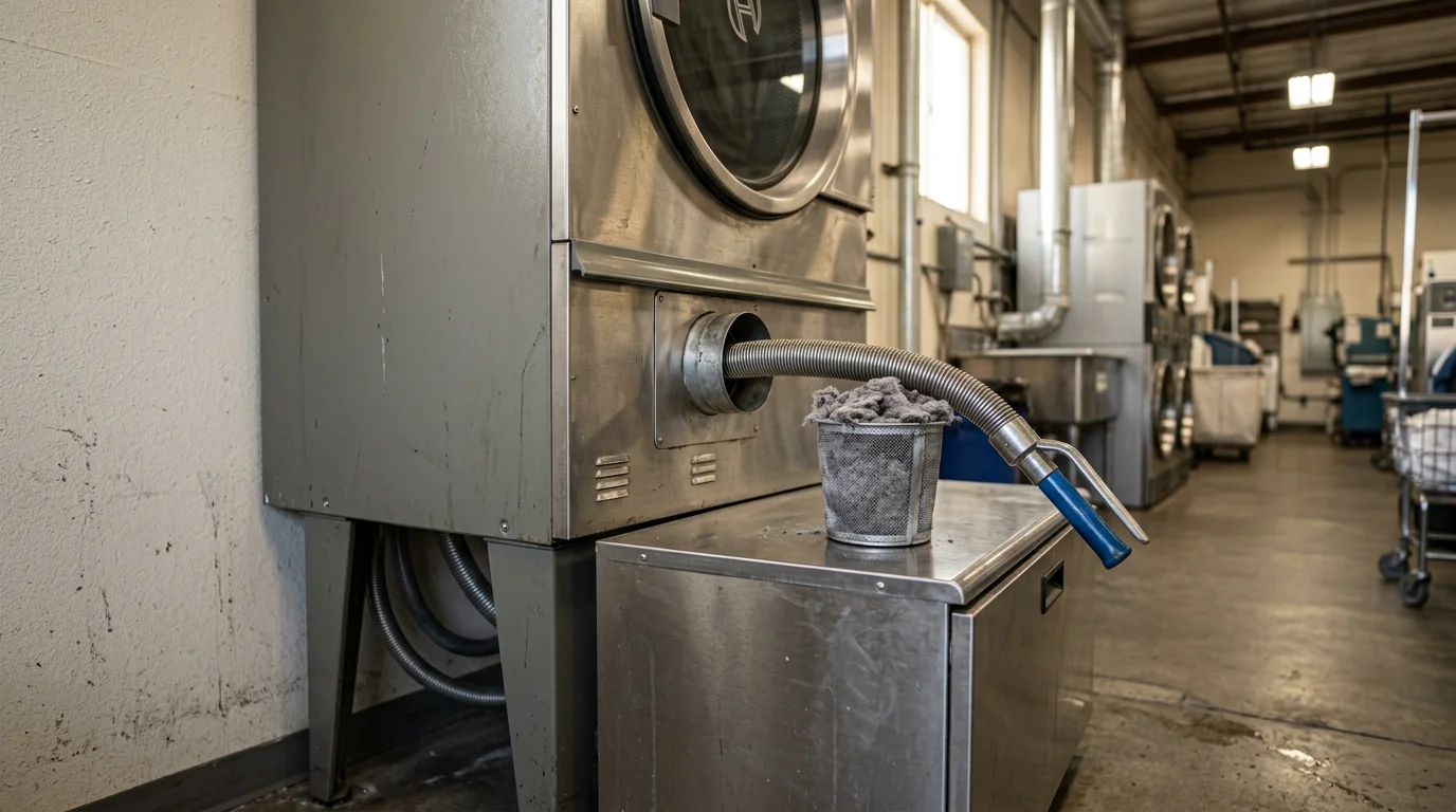 A commercial dryer vent exhaust outlet on the exterior wall of a multifamily apartment building in Sacramento County, showing lint buildup cleared from the duct opening after professional cleaning. A technician from Field Day Pressure Washing LLC works at the connection point between a commercial dryer and the vent duct inside a shared laundry room.
