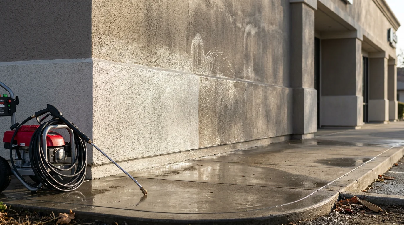 A commercial building exterior in Sacramento County being cleaned by Field Day Pressure Washing LLC, showing dark grime and mold removed from a stucco facade with clean walkways and entryway visible below.