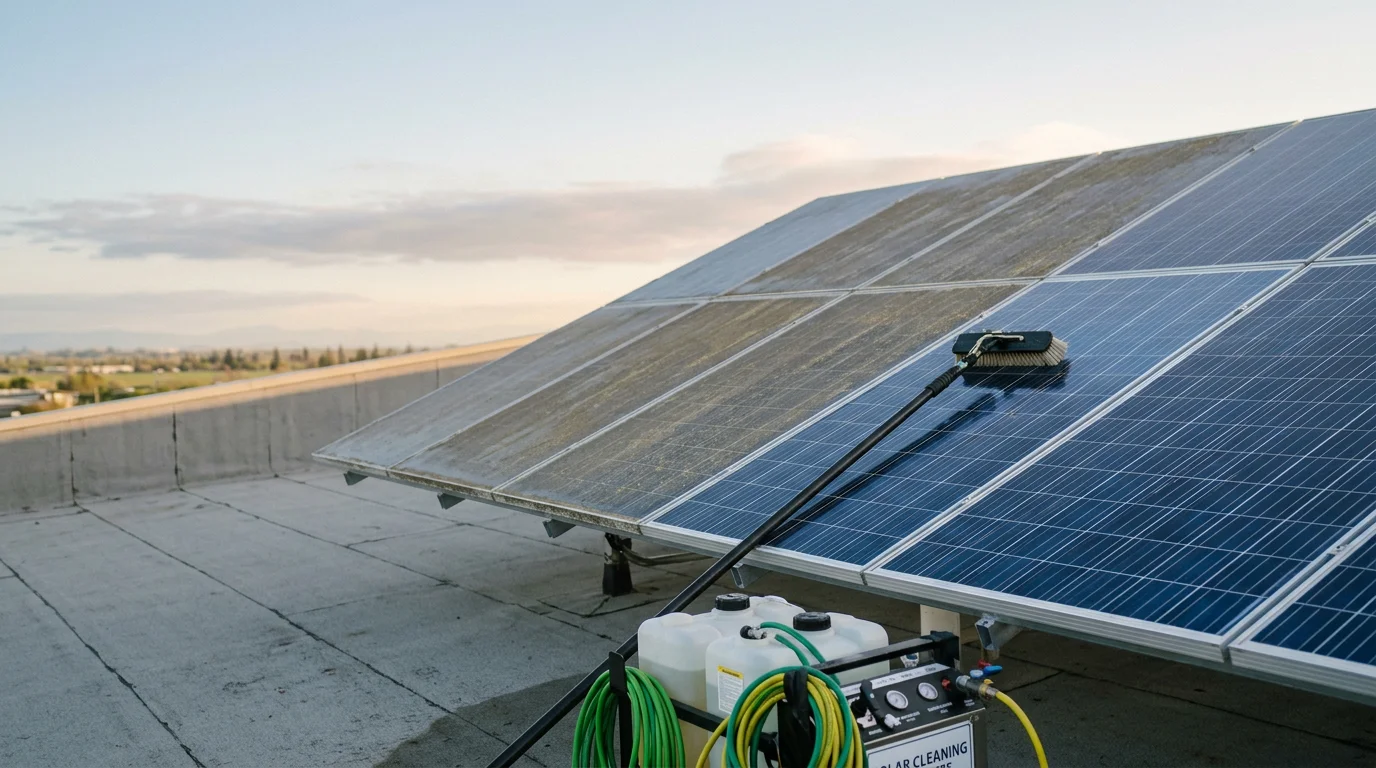 A commercial rooftop solar array on a flat-roof building in Sacramento County being cleaned with a water-fed soft-bristle pole system. Panel glass is visibly clear after removal of dust and soiling buildup.