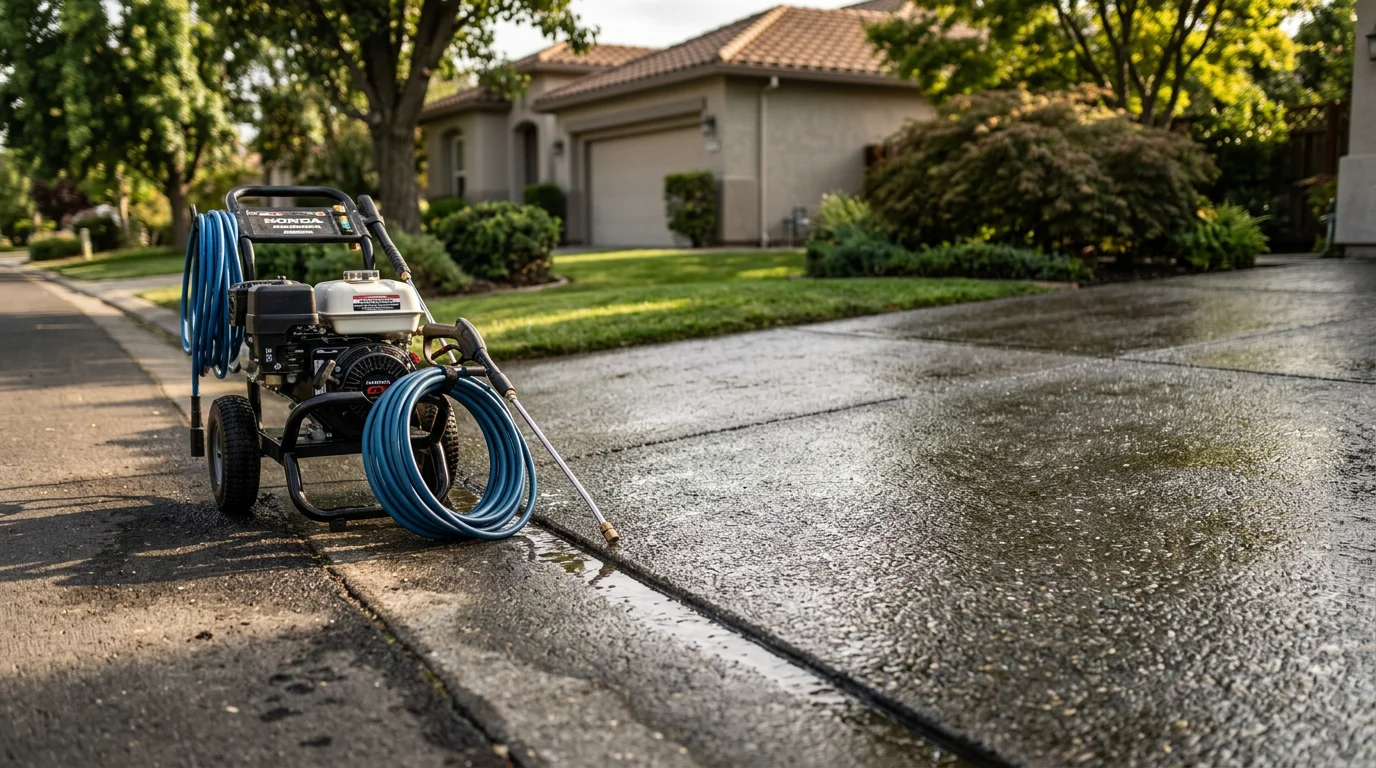 A concrete driveway in Sacramento County shown before and after professional pressure washing, with dark oil stains and dust buildup removed to reveal clean, light-colored concrete. A Field Day Pressure Washing LLC technician operates a surface cleaner across the slab.