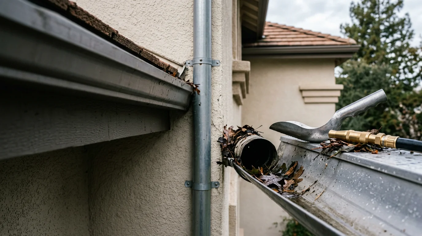 A technician flushing a residential downspout on a single-story home in Sacramento County, with water flowing freely from the downspout outlet onto a concrete splash block. Packed leaf debris and oak litter visible at the base of the cleared downspout opening.