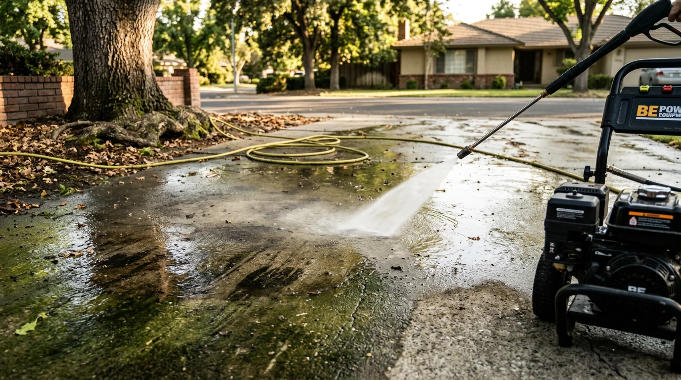 A concrete residential driveway in Sacramento County shown after professional pressure washing, with oil stains and dirt buildup removed and the surface restored to a clean, even appearance. Field Day Pressure Washing LLC equipment visible in the background.