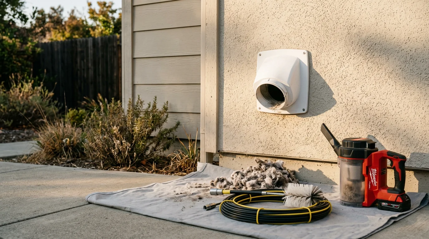 A technician cleaning a residential dryer vent from the exterior termination cap on a single-family home in Sacramento County. Lint debris is visible at the vent opening after the cleaning process.