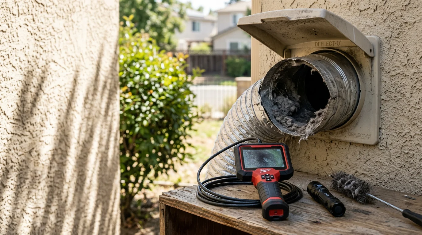 A technician inspecting a residential dryer vent duct connection in a Sacramento County laundry room, checking for lint buildup and proper duct alignment. The exterior vent cap on a stucco home wall is visible in the background, flap open during the airflow check.