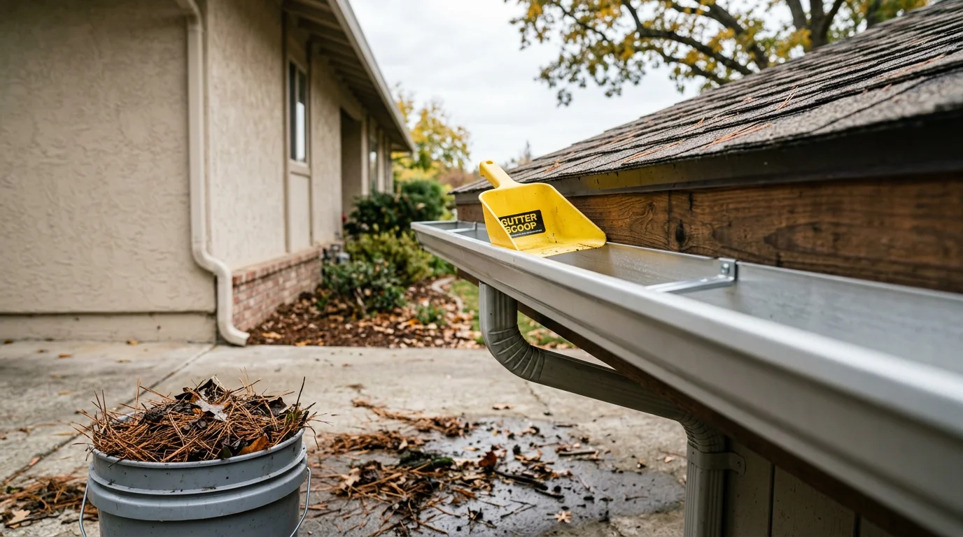 A technician clearing packed oak leaves and pine needle debris from a residential gutter trough on a single-story home in Sacramento County. The cleaned gutter section shows an open, unobstructed channel ready for the winter rainy season.