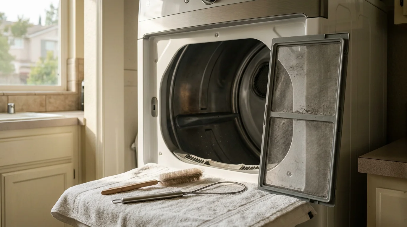 A dryer lint trap housing being professionally cleaned, with accumulated lint and fiber residue removed from the screen slot inside a residential dryer in Sacramento County.