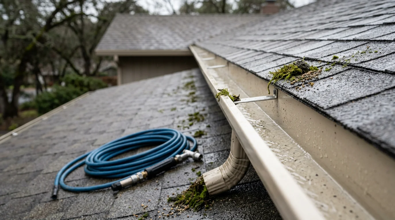A residential roof in Sacramento County with green moss growth visible along the north-facing slope and shaded sections near the roofline. A Field Day Pressure Washing technician works to remove the moss buildup from the tile surface.