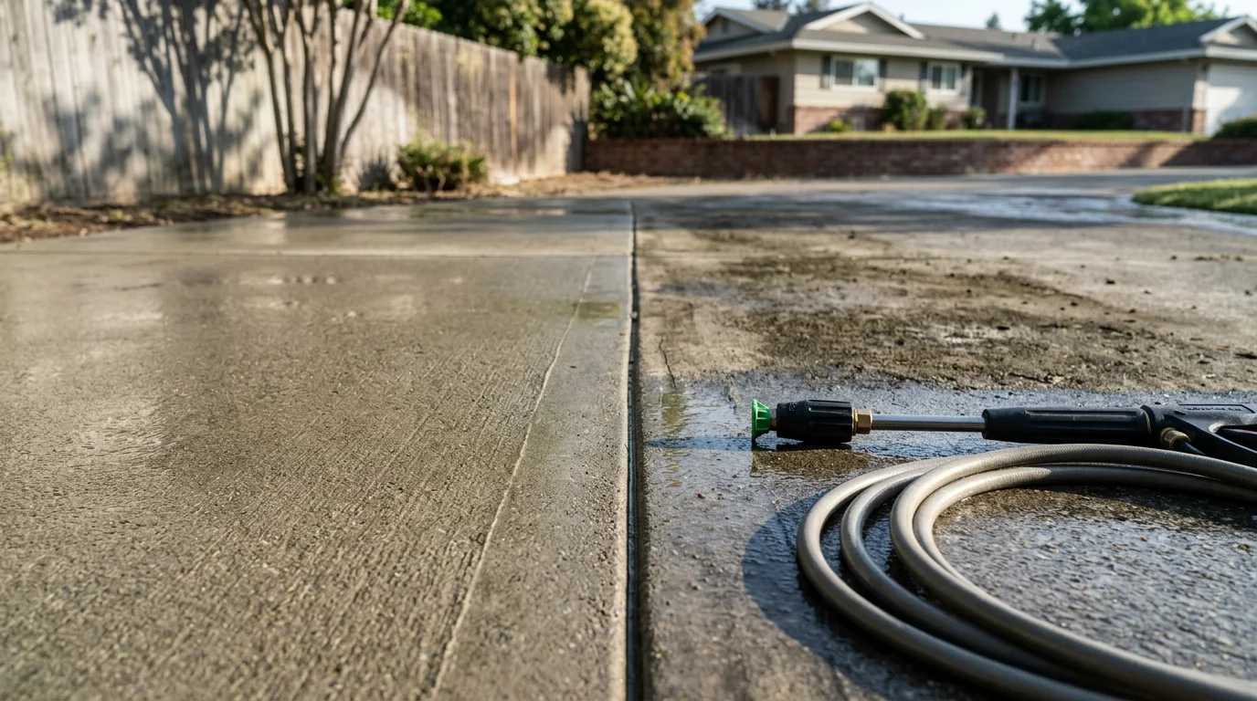 A pressure washer removing thick layers of pollen, dirt, and grime from the exterior siding of a residential property in Sacramento County, California. The cleaned section shows a sharp contrast against the surrounding buildup still on the surface.