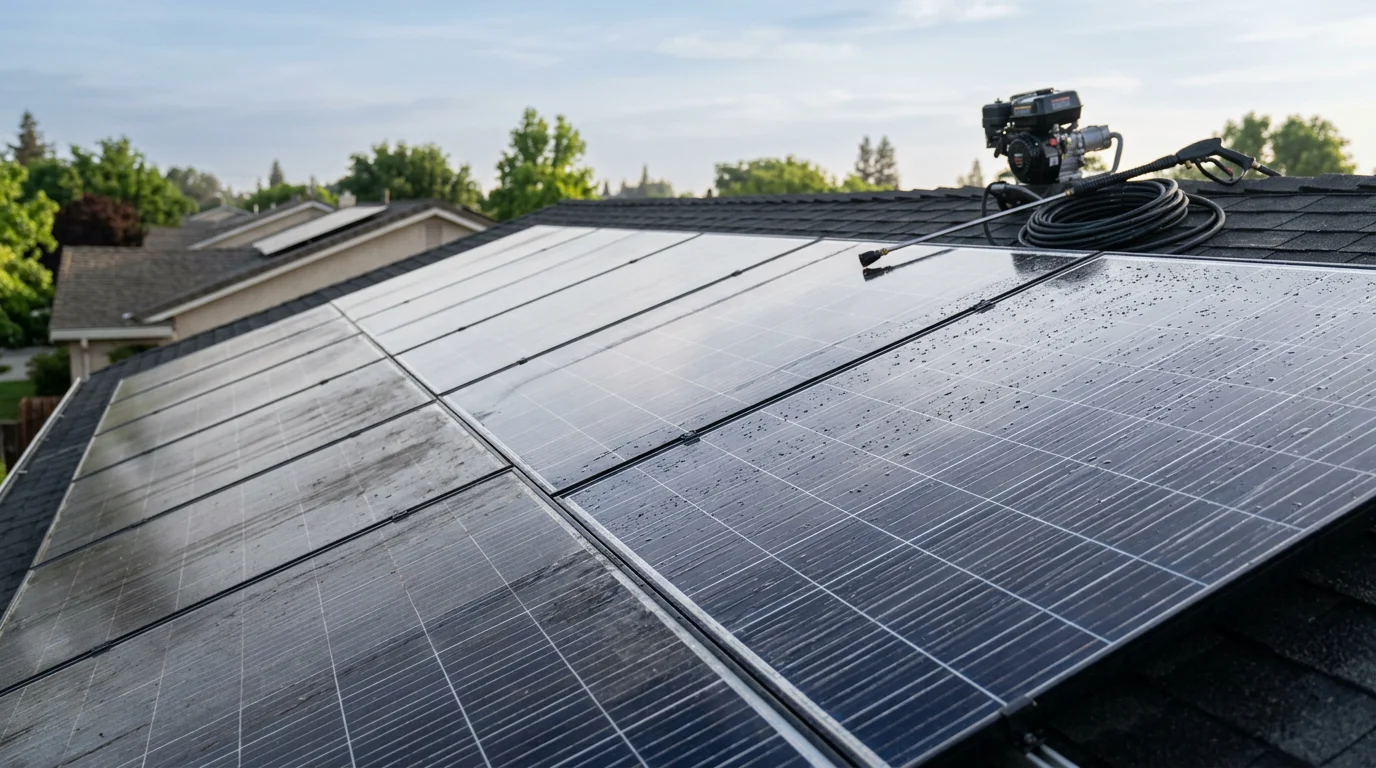 A residential rooftop solar array on a Sacramento County home after professional cleaning, showing clear panel glass free of dust, pollen film, and bird debris against a bright California sky. Close-up view of cleaned photovoltaic modules with no streaking or residue visible on the surface.