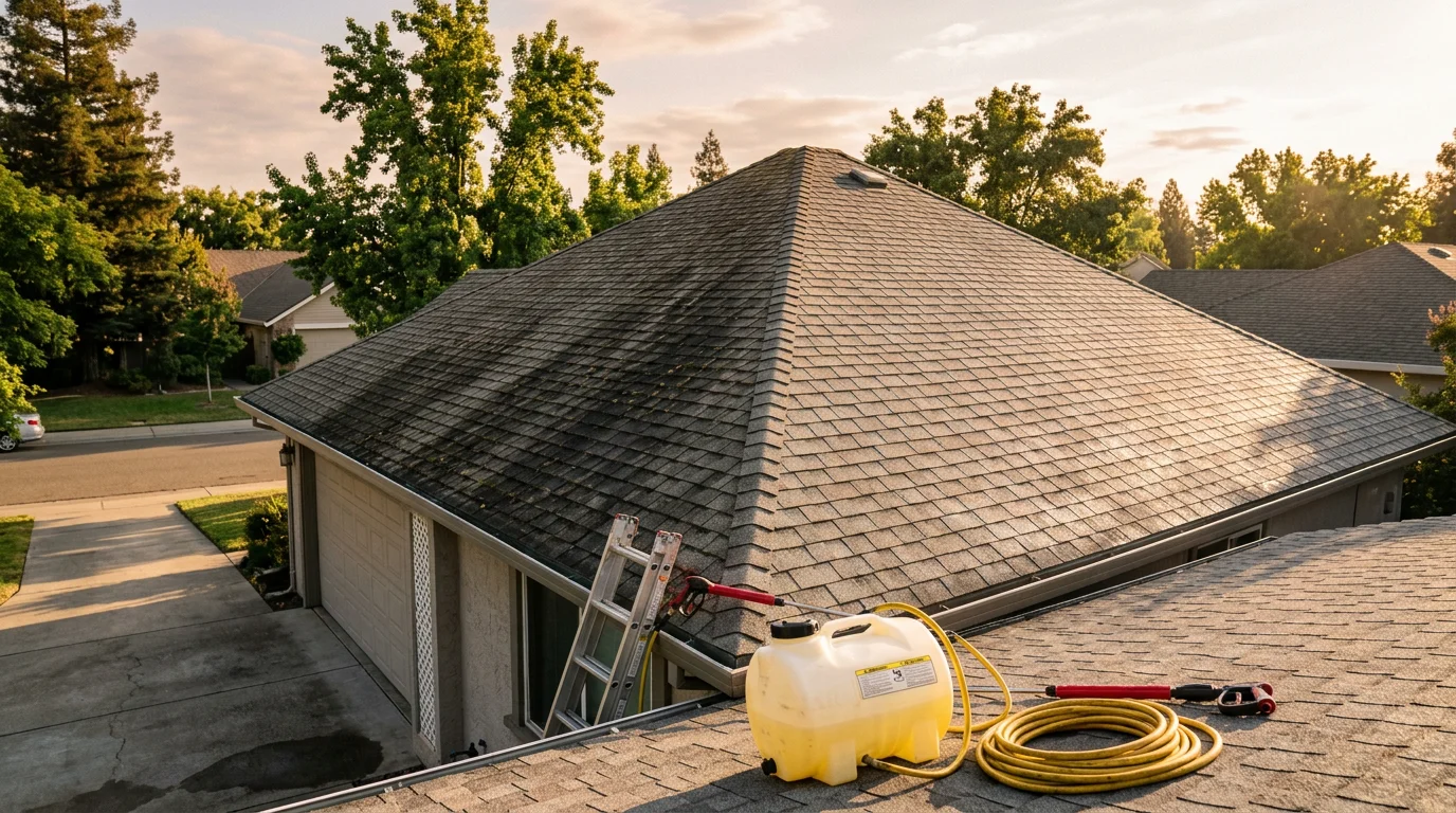 A residential roof in Sacramento County after professional soft wash cleaning, showing shingles cleared of dark algae streaks and moss patches. The cleaned surface contrasts with surrounding areas of organic staining visible at the roof edges.