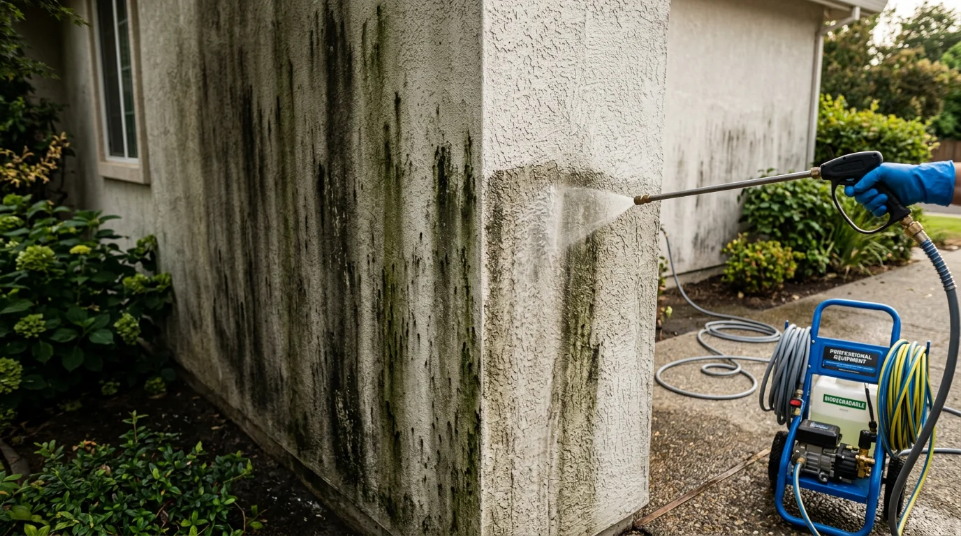 A Sacramento County home exterior showing clean, streak-free siding and a moss-free roof after professional soft washing. Green algae and dark mildew stains have been fully removed from the shaded north-facing wall.