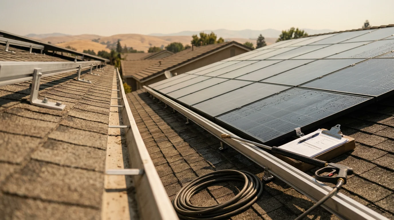 A rooftop solar array on a Sacramento County home being inspected and cleaned by a Field Day Pressure Washing technician. Panels show visible dust and debris removal in progress under clear California skies.