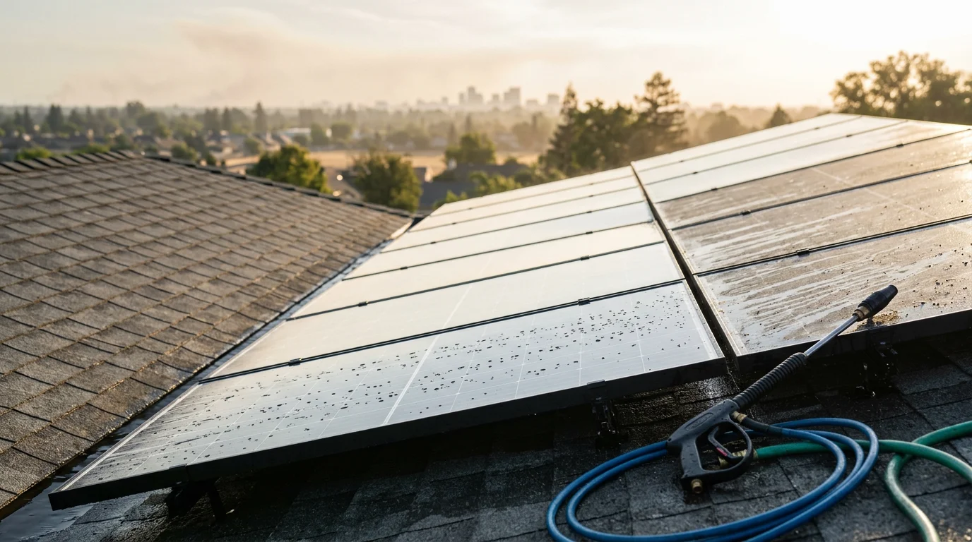 A technician cleaning a residential solar array on a Sacramento County rooftop, removing dust and debris buildup from panel surfaces under clear Northern California skies. Before-and-after contrast shows visibly cleaner panel glass after professional solar panel cleaning service.