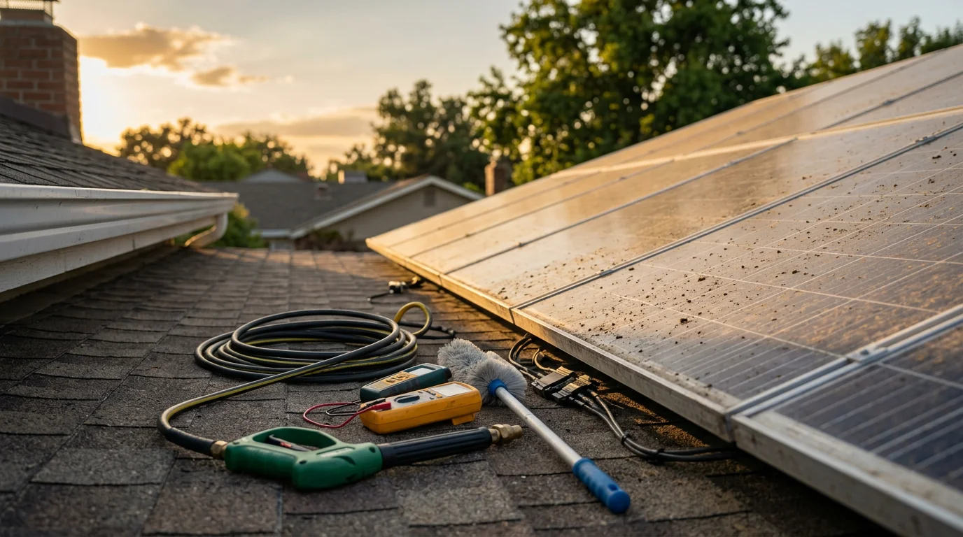 A Field Day Pressure Washing technician conducting a close-up solar system inspection on a residential rooftop in Sacramento County, examining panel surfaces and mounting hardware under clear California sky.